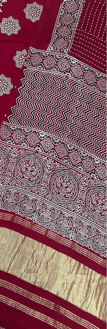 Stunning Maroon Original Natural Ajrakh Print 3 pc Pure Modal Silk Unstitched Suit Set