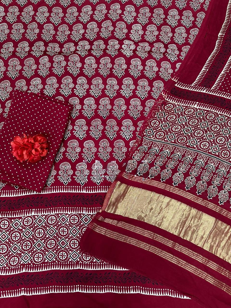 Fabulous Maroon Original Natural Ajrakh Print 3 pc Pure Modal Silk Unstitched Suit Set