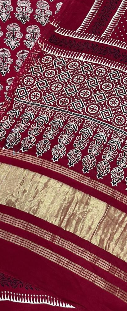 Fabulous Maroon Original Natural Ajrakh Print 3 pc Pure Modal Silk Unstitched Suit Set