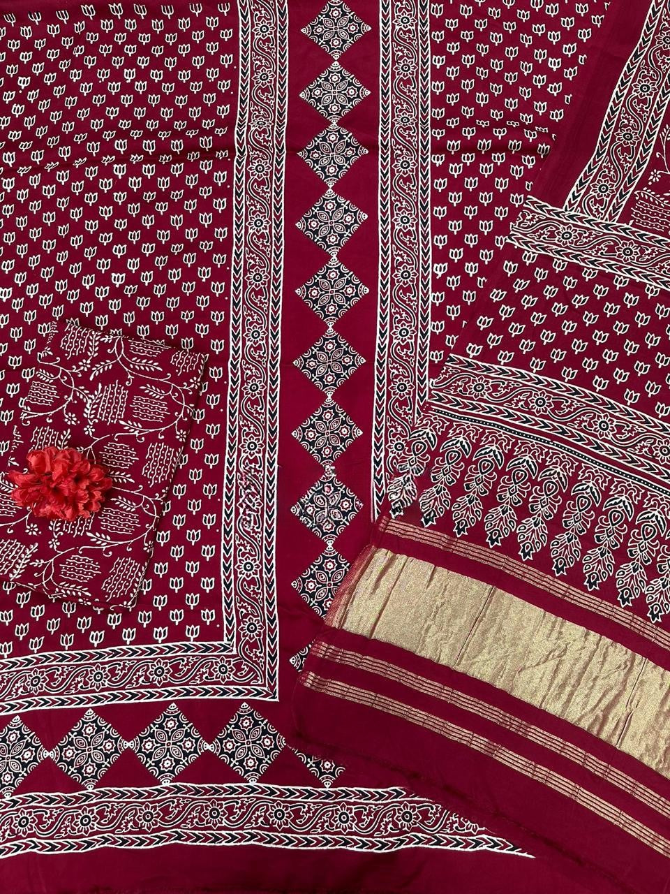 Radiant Maroon Original Natural Ajrakh Print 3 pc Pure Modal Silk Unstitched Suit Set
