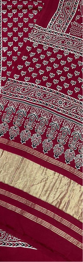 Radiant Maroon Original Natural Ajrakh Print 3 pc Pure Modal Silk Unstitched Suit Set