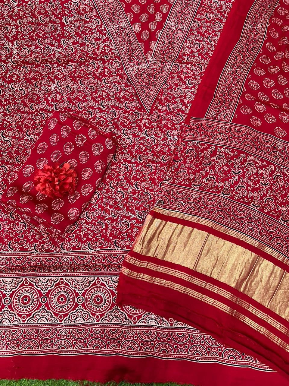 Spectacular Red Original Natural Ajrakh Print 3 pc Pure Modal Silk Unstitched Suit Set