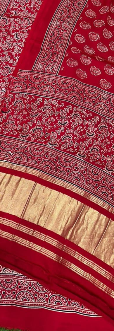 Spectacular Red Original Natural Ajrakh Print 3 pc Pure Modal Silk Unstitched Suit Set