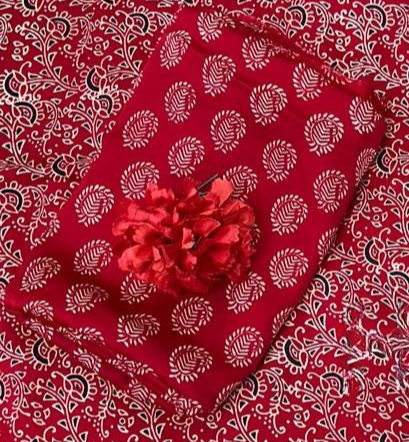 Spectacular Red Original Natural Ajrakh Print 3 pc Pure Modal Silk Unstitched Suit Set