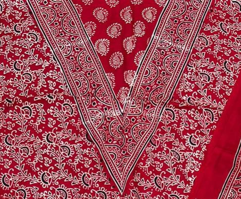 Spectacular Red Original Natural Ajrakh Print 3 pc Pure Modal Silk Unstitched Suit Set