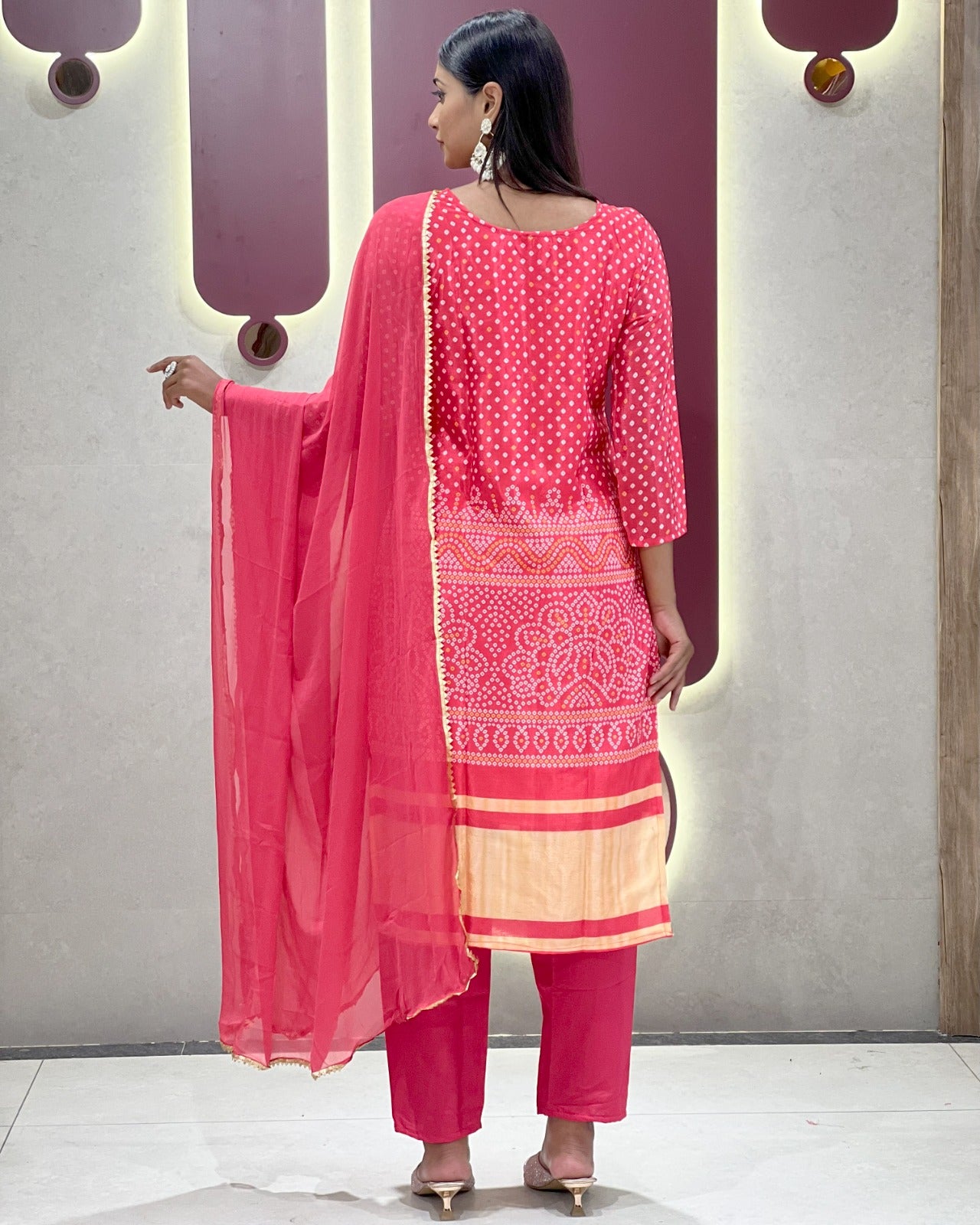 Ethnic Canberry Chinon Embroidery With Bandhani Printed Suit Set