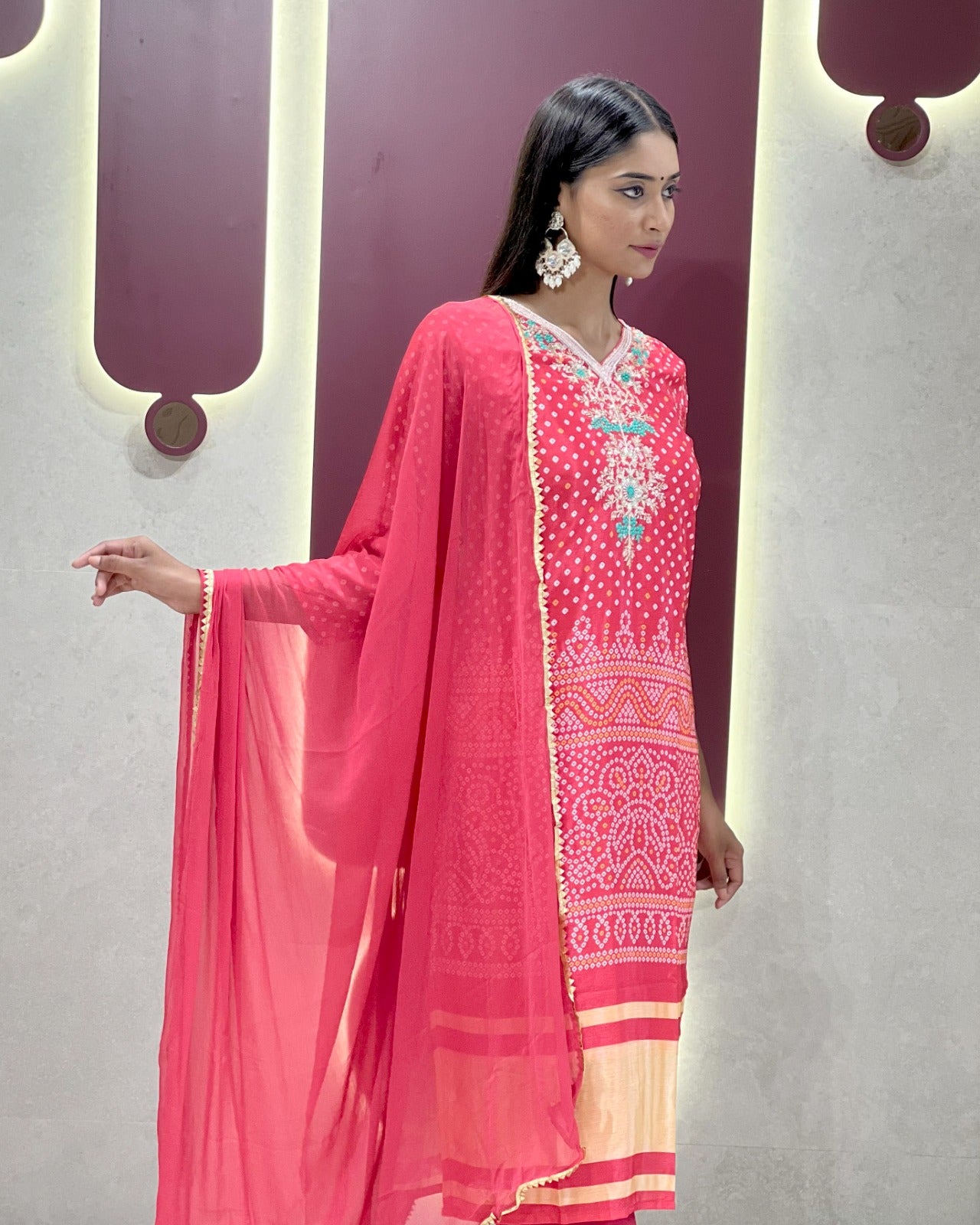 Ethnic Canberry Chinon Embroidery With Bandhani Printed Suit Set