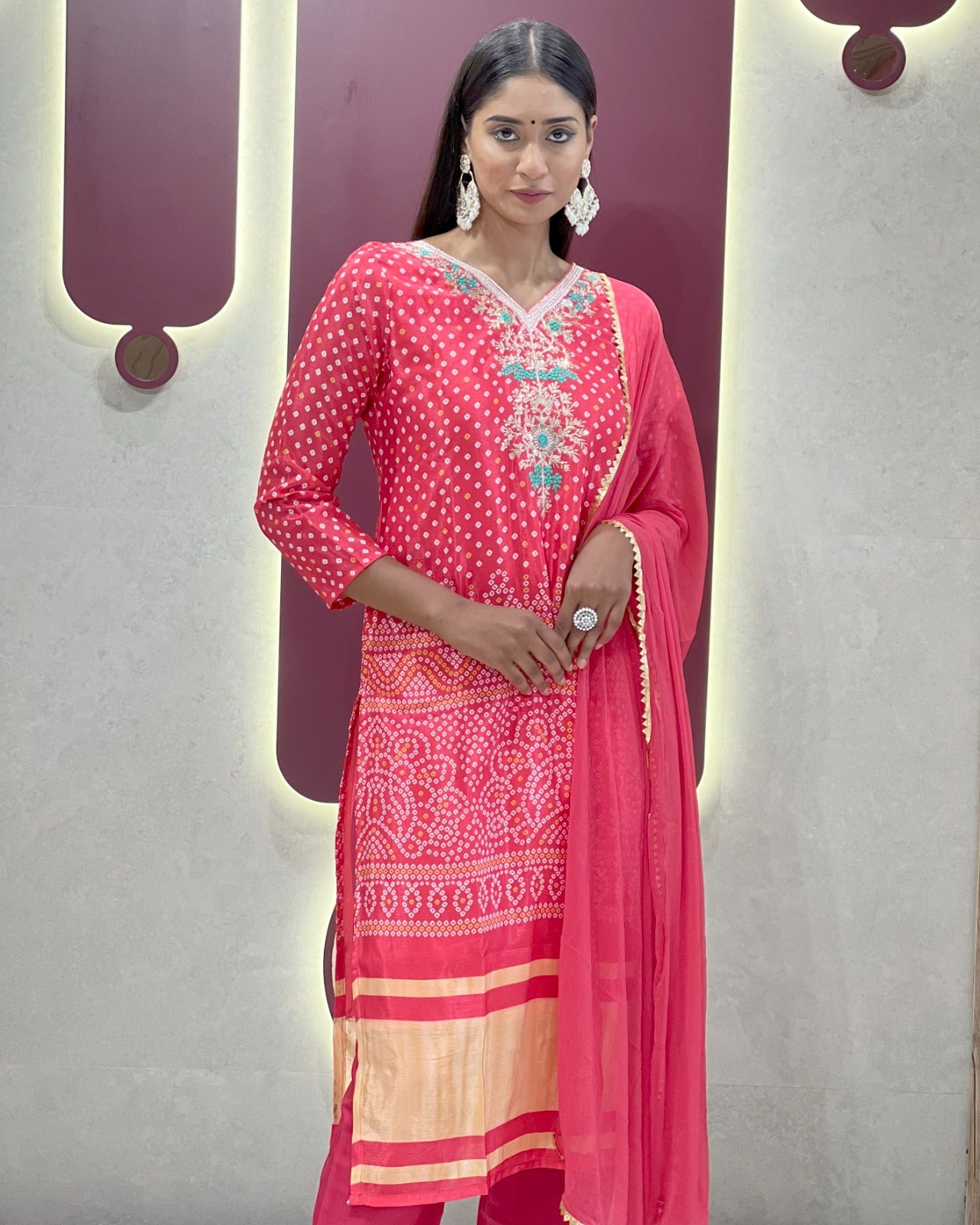 Ethnic Canberry Chinon Embroidery With Bandhani Printed Suit Set