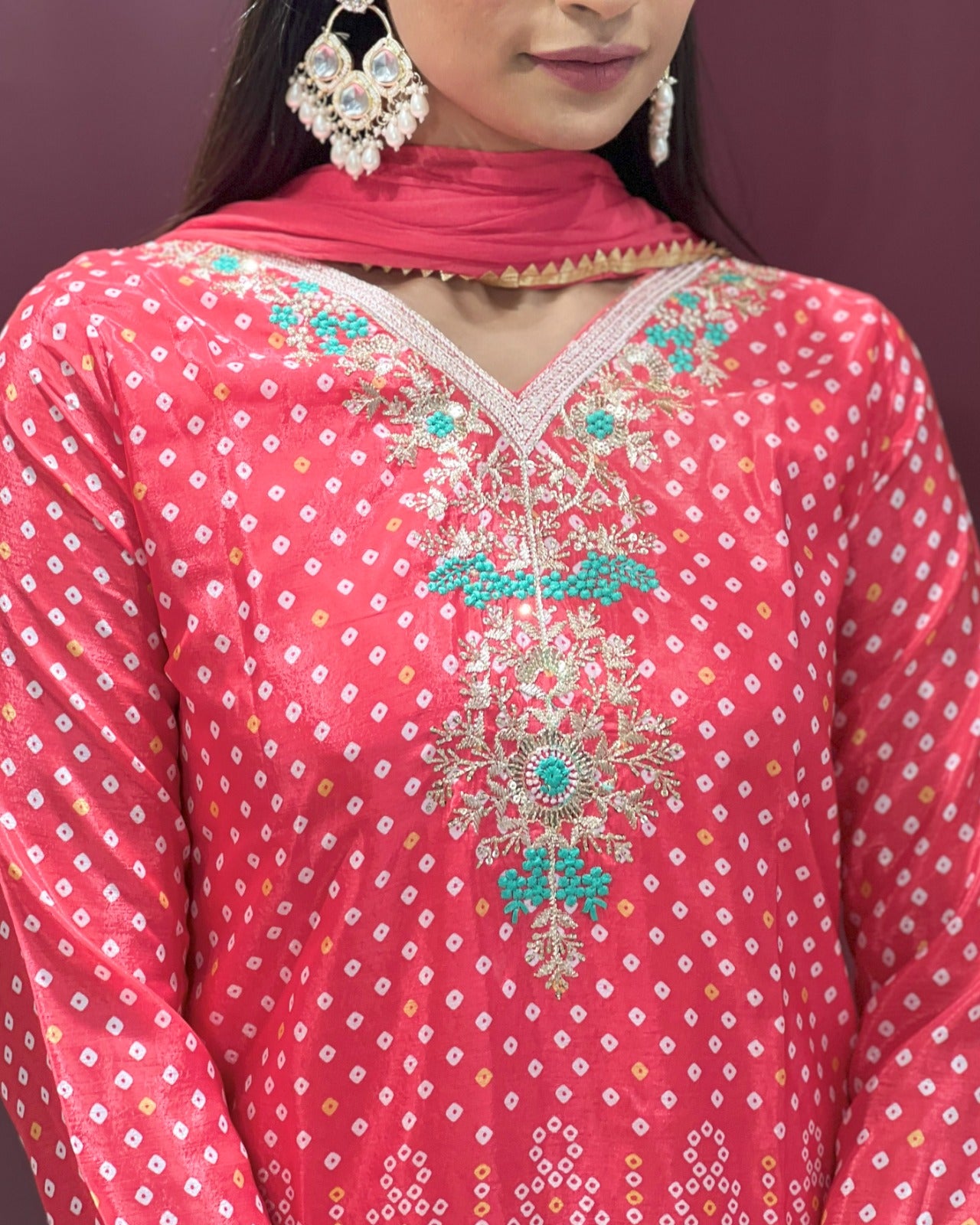 Ethnic Canberry Chinon Embroidery With Bandhani Printed Suit Set