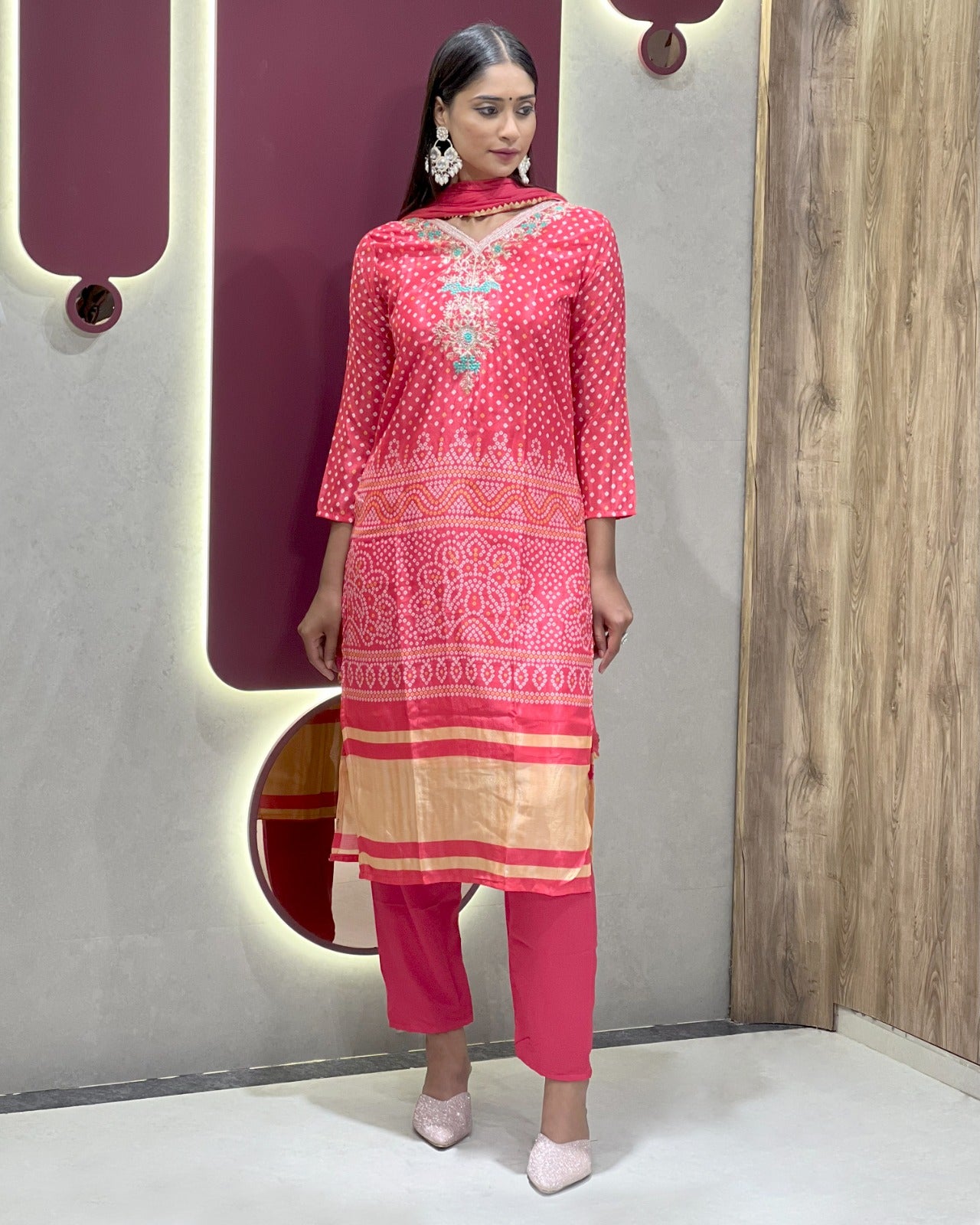 Ethnic Canberry Chinon Embroidery With Bandhani Printed Suit Set