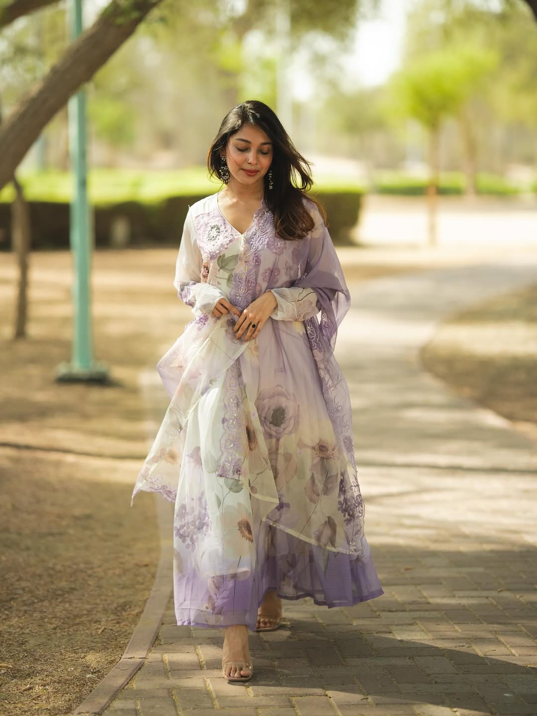 Surreptitious Almond Organza Digital Printed Suit Set