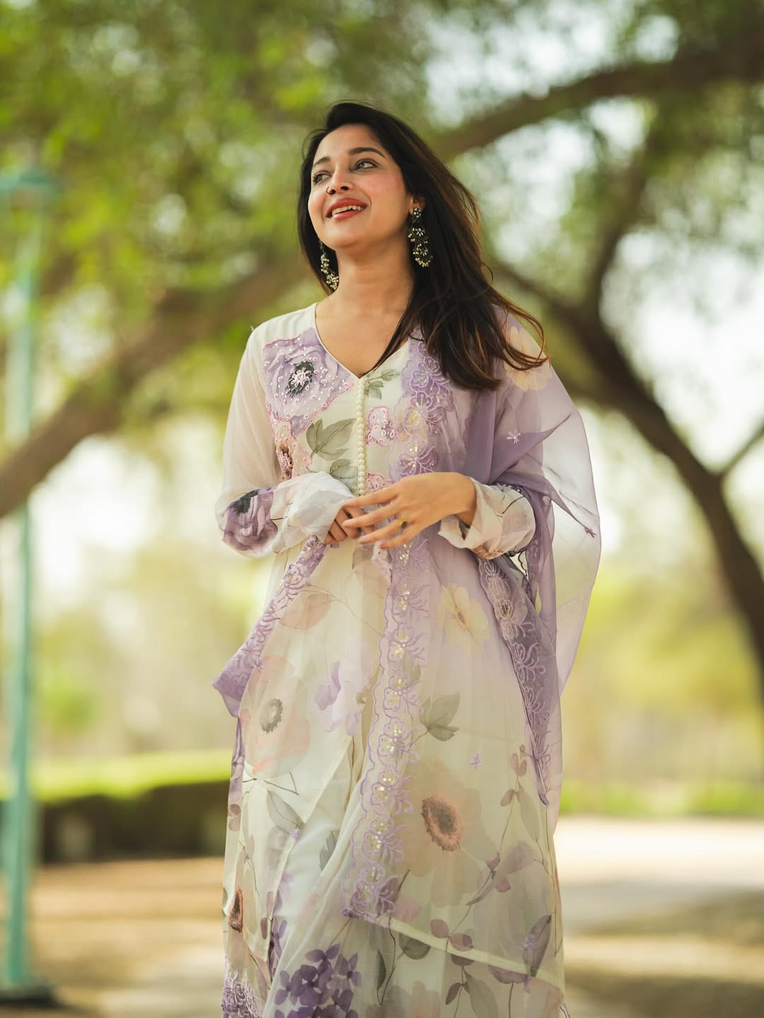 Surreptitious Almond Organza Digital Printed Suit Set