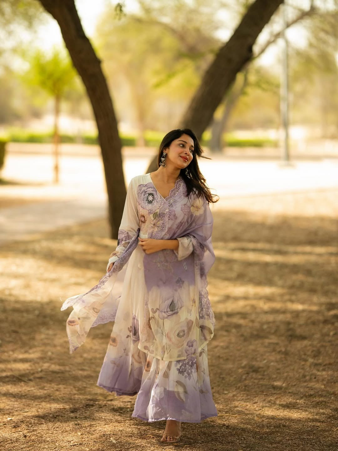 Surreptitious Almond Organza Digital Printed Suit Set