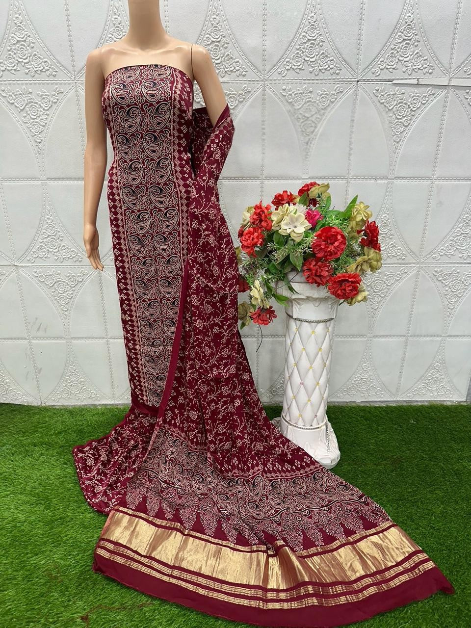 Maroon Original Natural Ajrakh Print 3 pc Pure Modal Silk Unstitched Suit Set