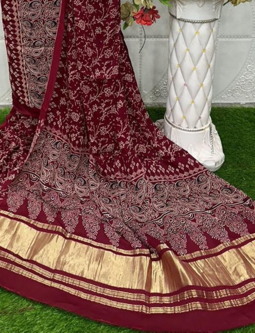 Maroon Original Natural Ajrakh Print 3 pc Pure Modal Silk Unstitched Suit Set