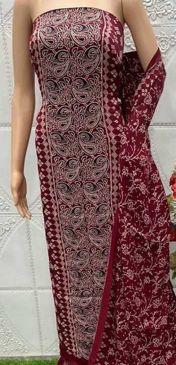 Maroon Original Natural Ajrakh Print 3 pc Pure Modal Silk Unstitched Suit Set