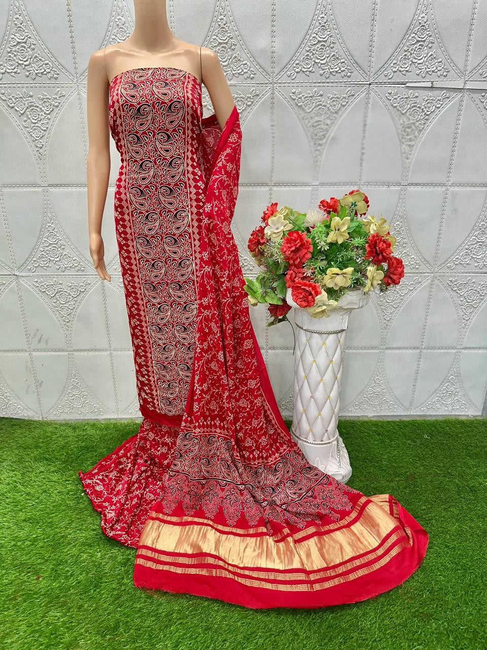 Engaging Red Original Natural Ajrakh Print 3 pc Pure Modal Silk Unstitched Suit Set