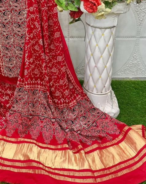 Engaging Red Original Natural Ajrakh Print 3 pc Pure Modal Silk Unstitched Suit Set