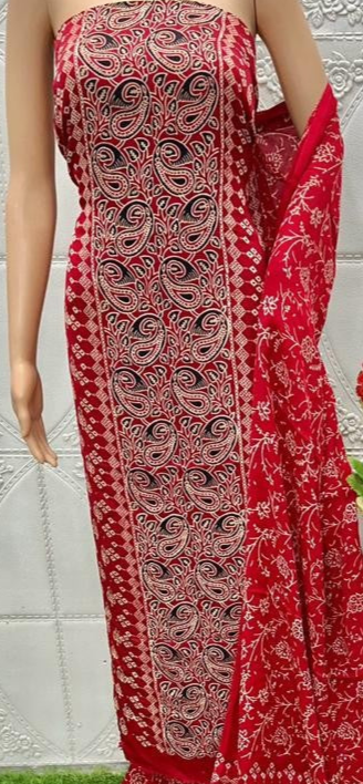 Engaging Red Original Natural Ajrakh Print 3 pc Pure Modal Silk Unstitched Suit Set