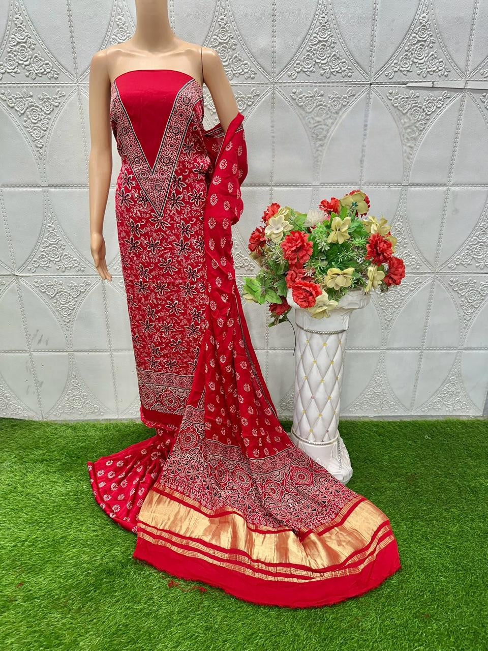Flattering Red Original Natural Ajrakh Print 3 pc Pure Modal Silk Unstitched Suit Set
