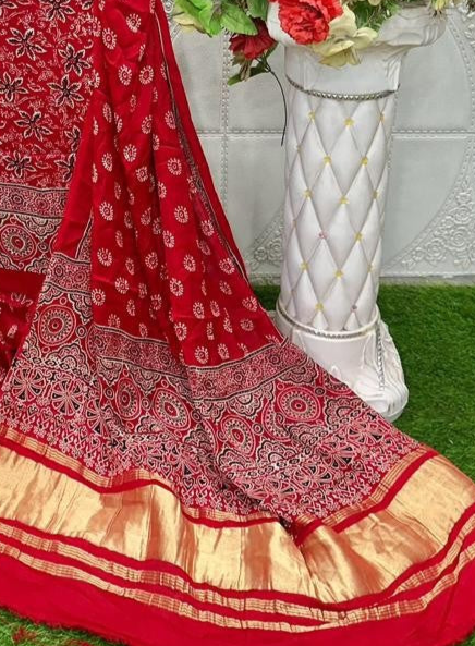 Flattering Red Original Natural Ajrakh Print 3 pc Pure Modal Silk Unstitched Suit Set