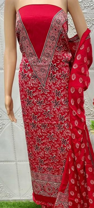 Flattering Red Original Natural Ajrakh Print 3 pc Pure Modal Silk Unstitched Suit Set