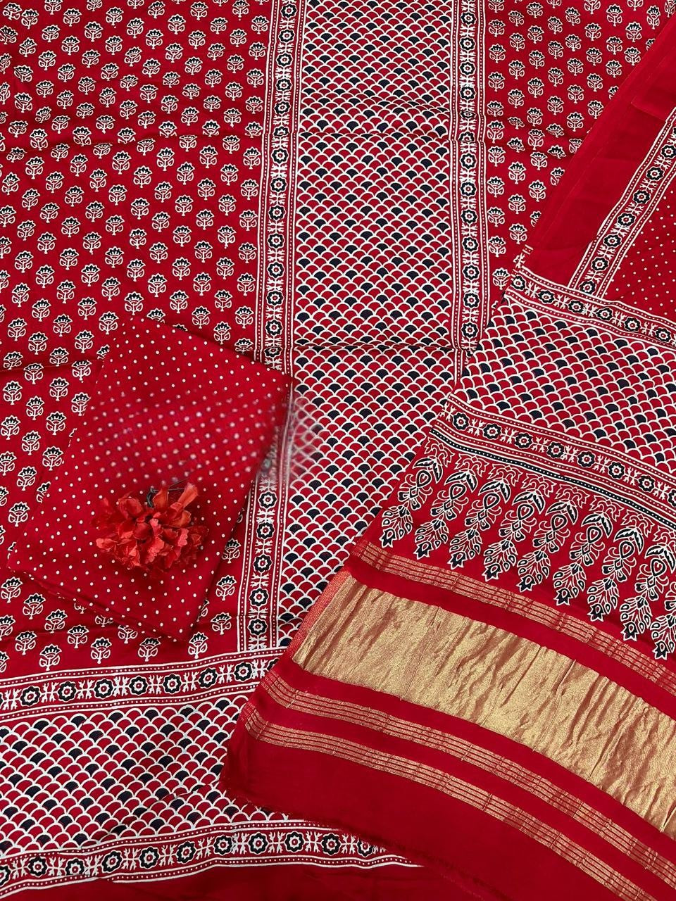 Glowing Red Original Natural Ajrakh Print 3 pc Pure Modal Silk Unstitched Suit Set