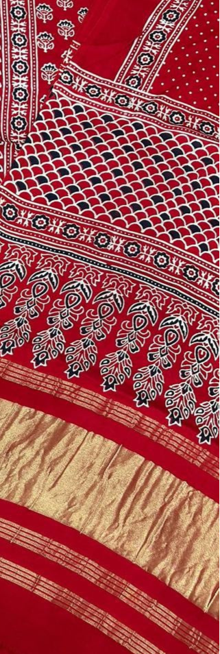 Glowing Red Original Natural Ajrakh Print 3 pc Pure Modal Silk Unstitched Suit Set