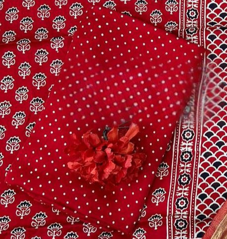 Glowing Red Original Natural Ajrakh Print 3 pc Pure Modal Silk Unstitched Suit Set