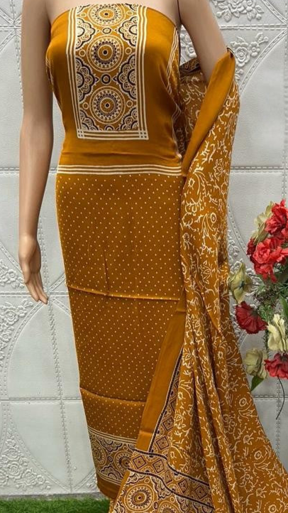 Mustrad Original Natural Ajrakh Print 3 pc Pure Modal Silk Unstitched Suit Set