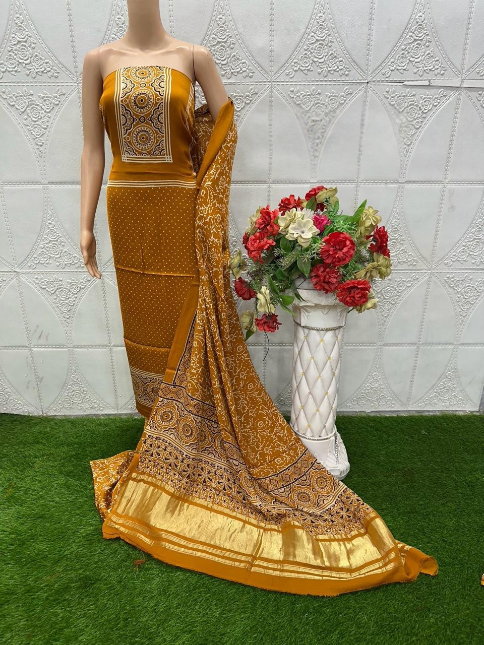 Mustrad Original Natural Ajrakh Print 3 pc Pure Modal Silk Unstitched Suit Set