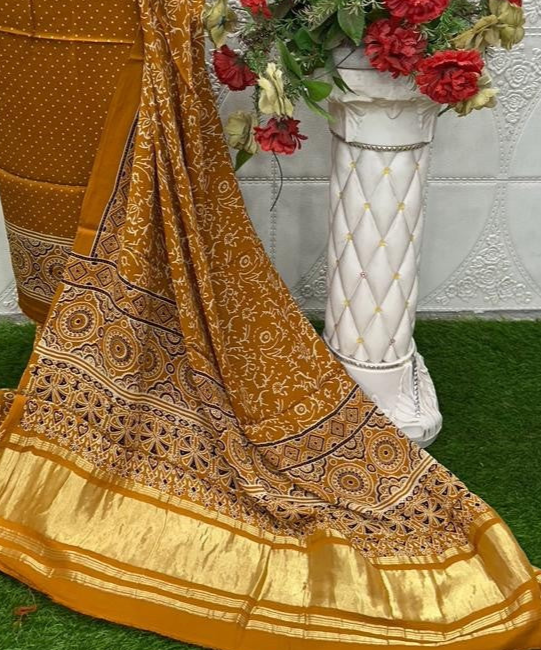 Mustrad Original Natural Ajrakh Print 3 pc Pure Modal Silk Unstitched Suit Set