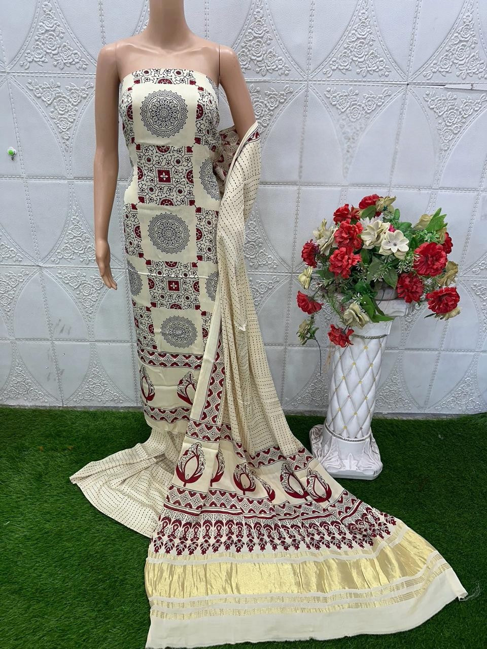 White Original Natural Ajrakh Print 3 pc Pure Modal Silk Unstitched Suit Set