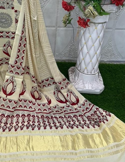 White Original Natural Ajrakh Print 3 pc Pure Modal Silk Unstitched Suit Set