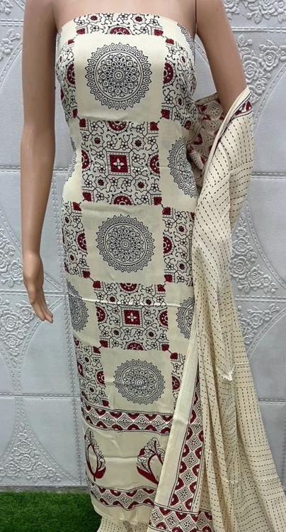 White Original Natural Ajrakh Print 3 pc Pure Modal Silk Unstitched Suit Set