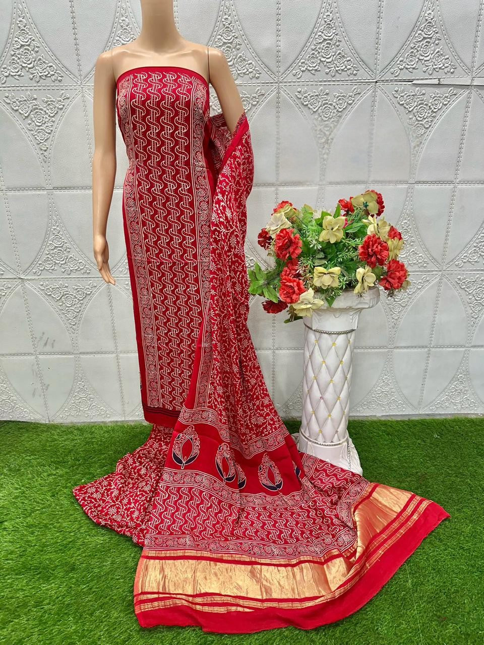 Desultory Red Original Natural Ajrakh Print 3 pc Pure Modal Silk Unstitched Suit Set