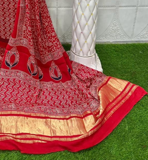 Desultory Red Original Natural Ajrakh Print 3 pc Pure Modal Silk Unstitched Suit Set