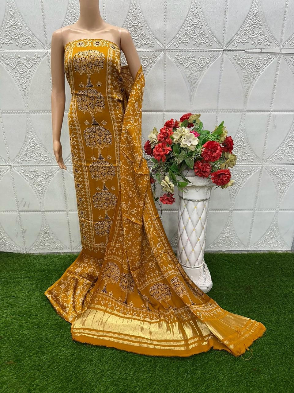 Mustrad Original Natural Ajrakh Print 3 pc Pure Modal Silk Unstitched Suit Set