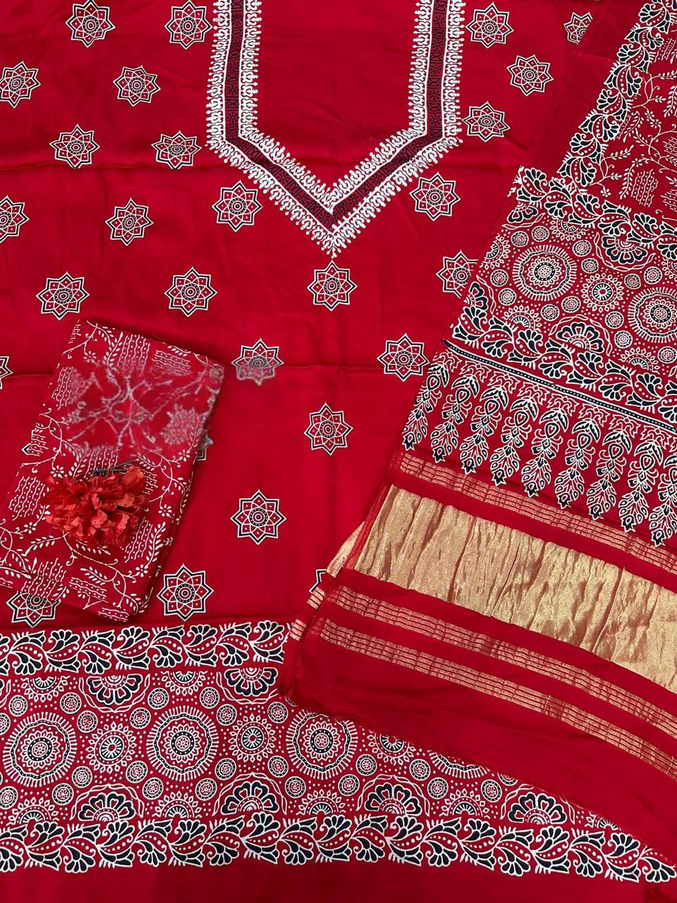 Blissful Red Original Natural Ajrakh Print 3 pc Pure Modal Silk Unstitched Suit Set