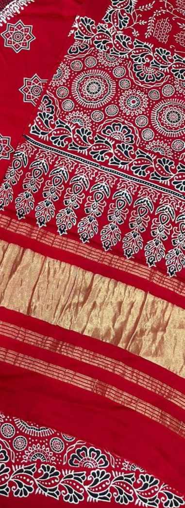 Blissful Red Original Natural Ajrakh Print 3 pc Pure Modal Silk Unstitched Suit Set