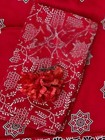 Blissful Red Original Natural Ajrakh Print 3 pc Pure Modal Silk Unstitched Suit Set