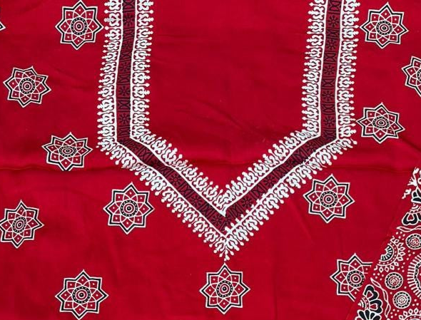 Blissful Red Original Natural Ajrakh Print 3 pc Pure Modal Silk Unstitched Suit Set