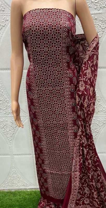 Maroon Original Natural Ajrakh Print 3 pc Pure Modal Silk Unstitched Suit Set