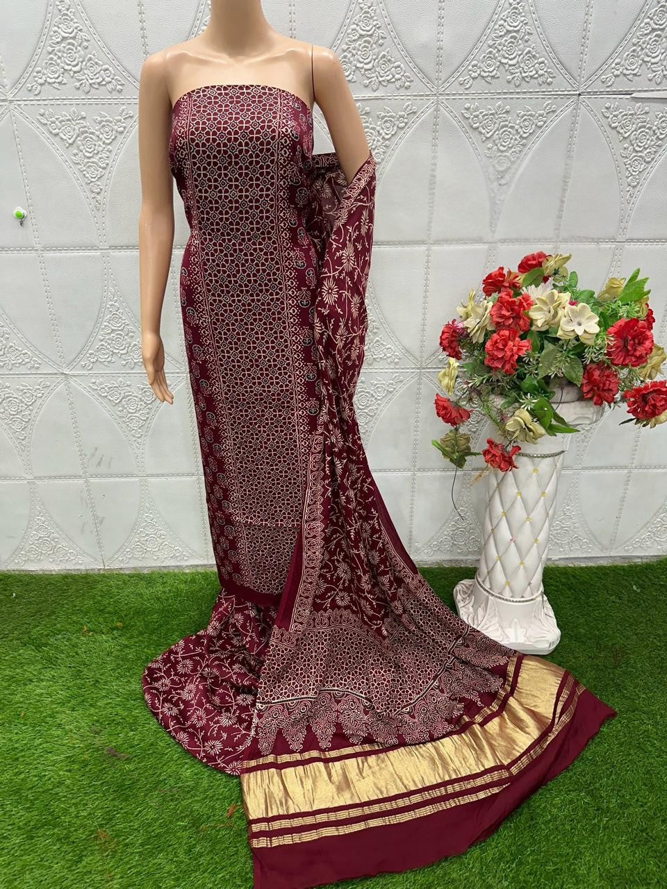 Maroon Original Natural Ajrakh Print 3 pc Pure Modal Silk Unstitched Suit Set