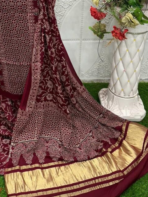 Maroon Original Natural Ajrakh Print 3 pc Pure Modal Silk Unstitched Suit Set