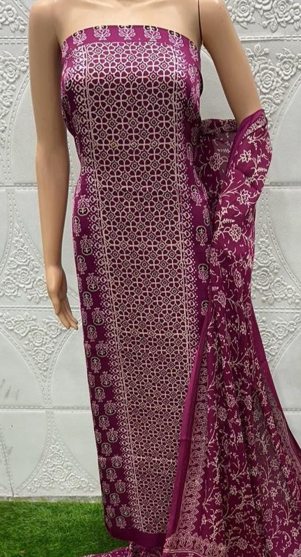 Wine Original Natural Ajrakh Print 3 pc Pure Modal Silk Unstitched Suit Set