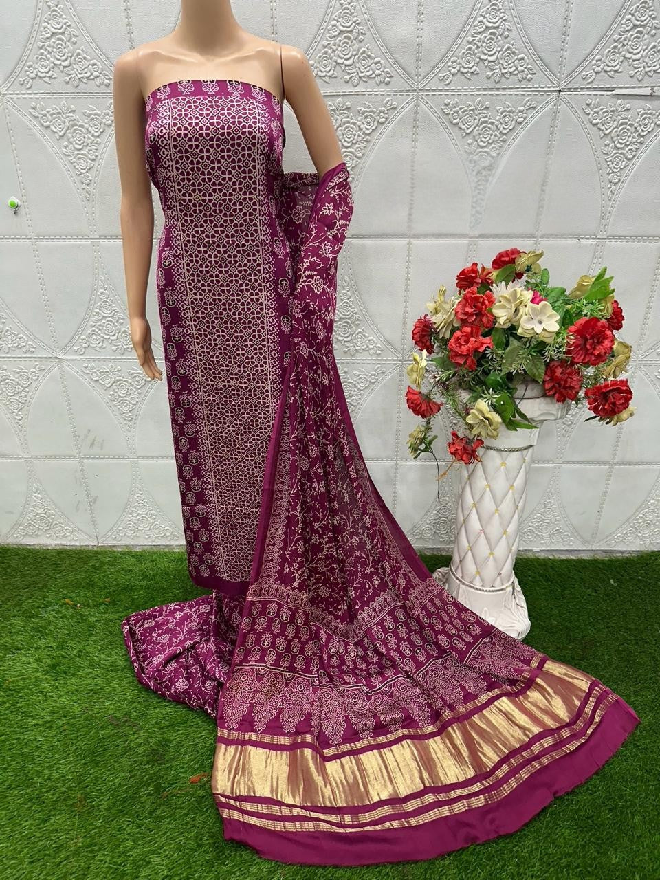 Wine Original Natural Ajrakh Print 3 pc Pure Modal Silk Unstitched Suit Set