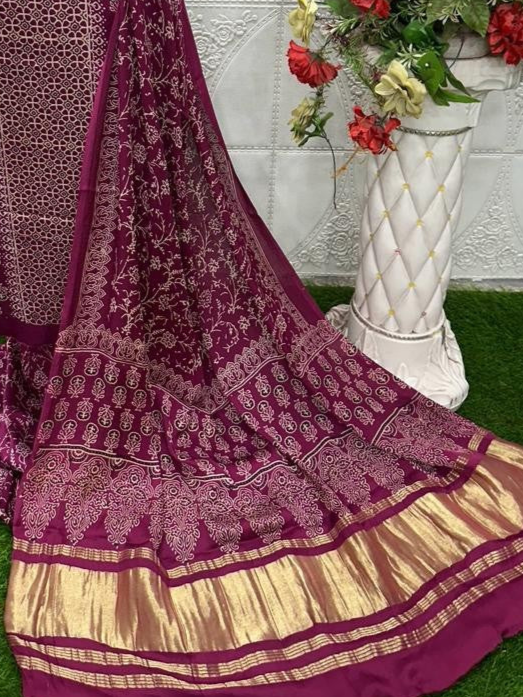 Wine Original Natural Ajrakh Print 3 pc Pure Modal Silk Unstitched Suit Set