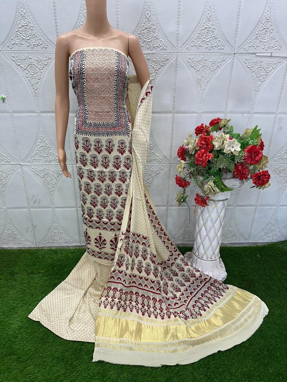 White Original Natural Ajrakh Print 3 pc Pure Modal Silk Unstitched Suit Set