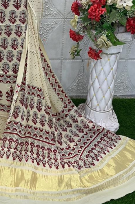 White Original Natural Ajrakh Print 3 pc Pure Modal Silk Unstitched Suit Set